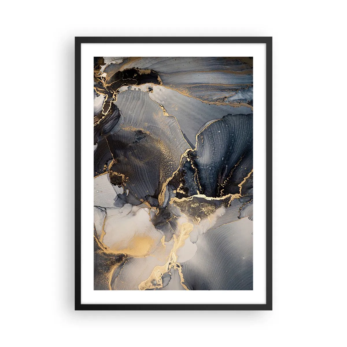 Poszter fehér keretben - Sötét árnyalatú absztrakt kompozíció arany díszítéssel. - 50x70cm - Egy kő élete - Modern fali dekoráció nappalihoz és hálószobához ARTTOR