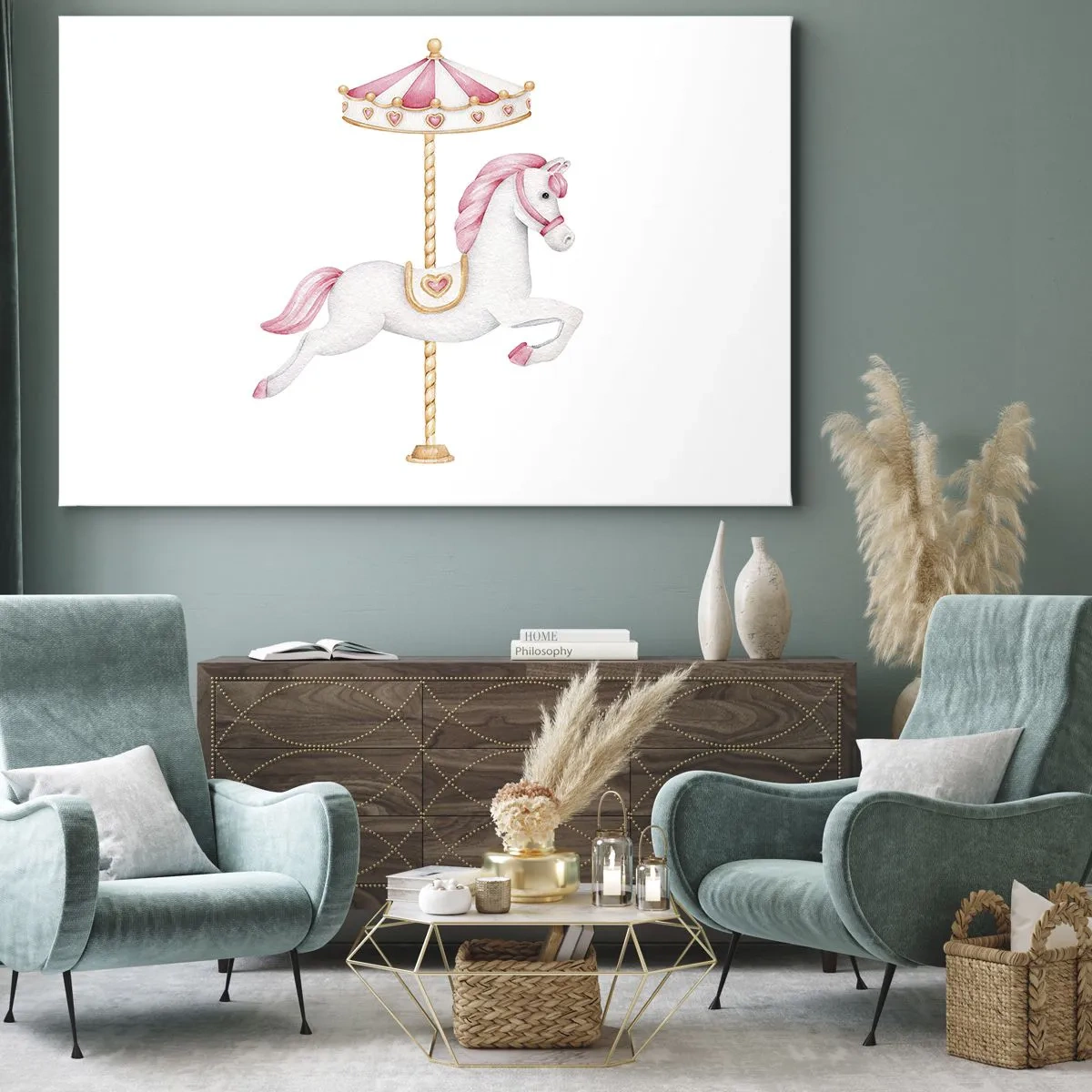 Vászonkép - Pasztell rózsaszín árnyalatú körhinta ló - 70x50cm - Elindult egy patával - Modern fali dekoráció nappalihoz és hálószobához ARTTOR