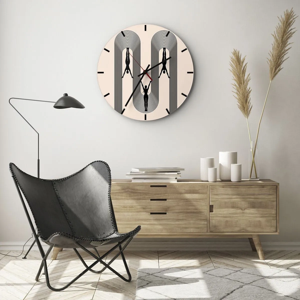 Falióra, Óra - Geometrikus ívek között mozgó alakok fekete sziluettjei - 30x30cm - Fejjel lefelé - Modern fali dekoráció nappalihoz, konyhához és hálószobához ARTTOR