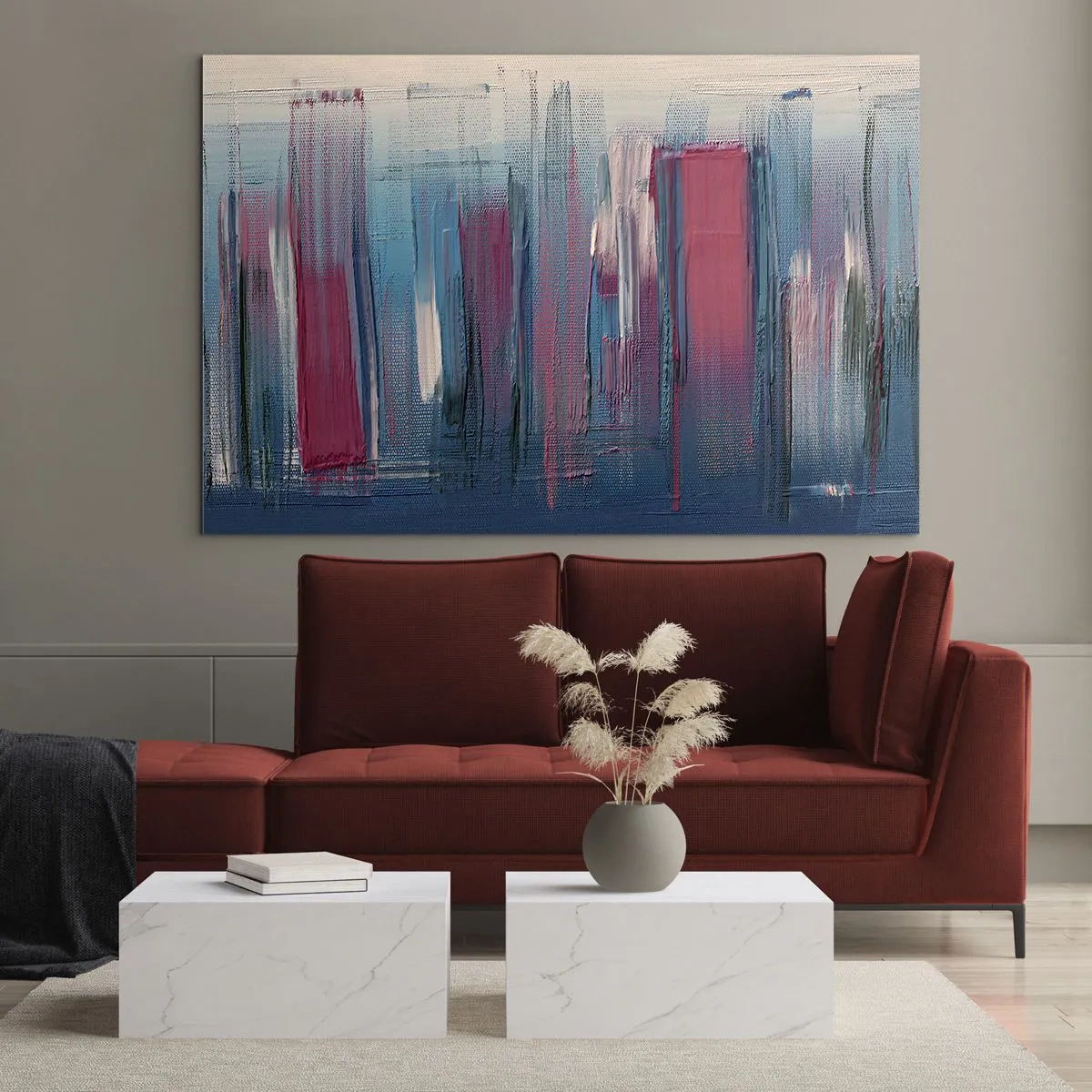 Üveg kép - Függőleges ecsetvonások piros és kék színben bézs alapon - 70x50cm - Függőleges kompozíció kék és piros színekben - Modern fali dekoráció nappalihoz és hálószobához ARTTOR