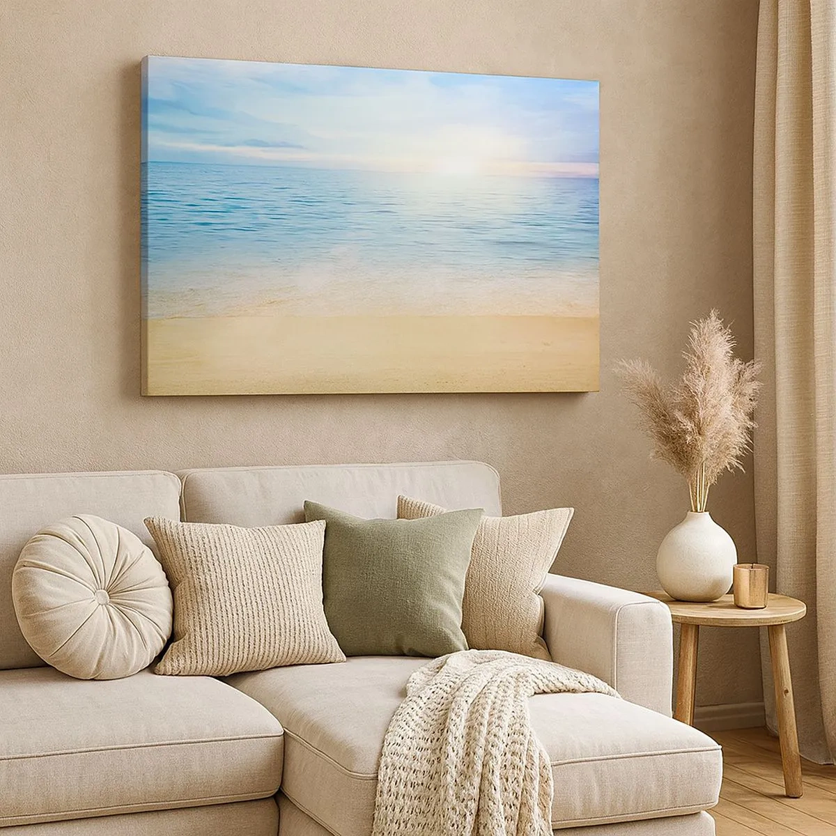 Vászonkép - Egy strand türkizkék tengerrel és tiszta égbolttal - 70x50cm - Nagy kékség - Modern fali dekoráció nappalihoz és hálószobához ARTTOR