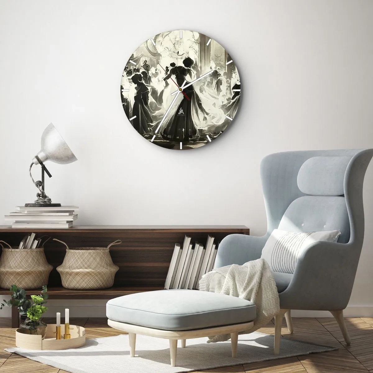 Falióra, Óra - Álarcos báltermi alakok táncolnak egy elegáns belső térben - 30x30cm - Nagy álarcosbál - Modern fali dekoráció nappalihoz, konyhához és hálószobához ARTTOR