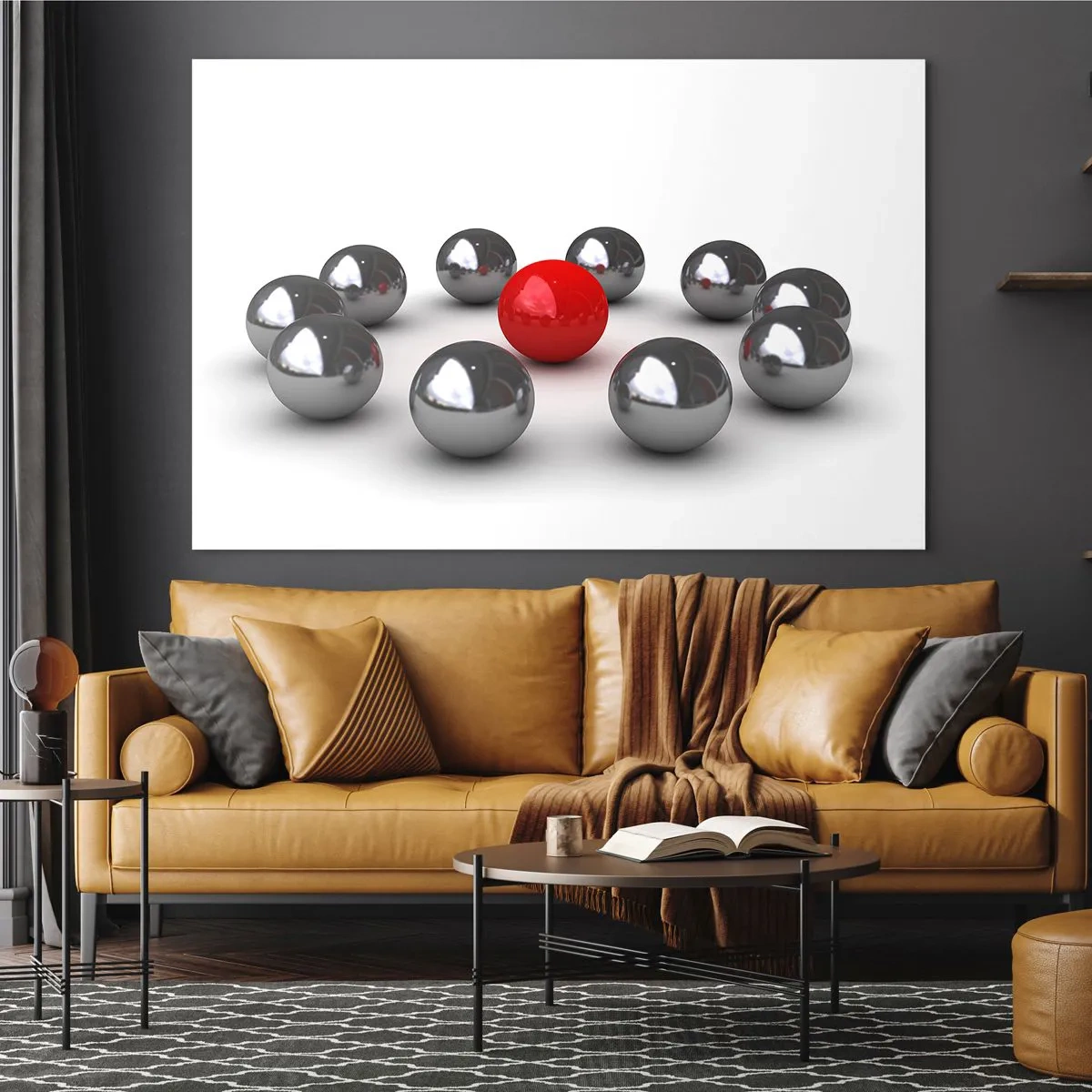 Üveg kép - Egy piros golyó, fehér alapon ezüsttel körülvéve - 70x50cm - Ezüst és piros kör - Modern fali dekoráció nappalihoz és hálószobához ARTTOR
