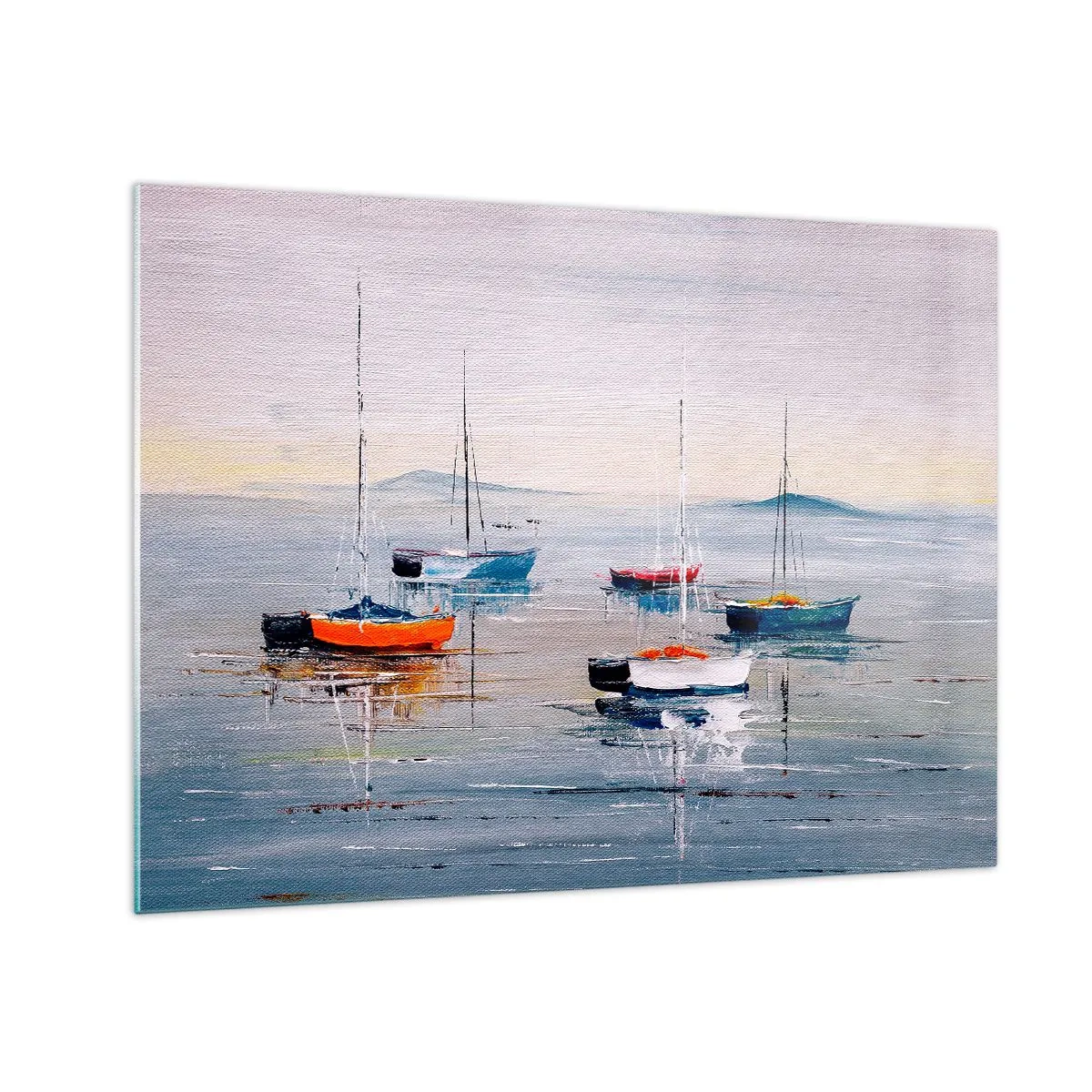 Üveg kép - Színes hajók sodródnak a nyugodt vízen naplementekor - 70x50cm - Jól megérdemelt pihenés - Modern fali dekoráció nappalihoz és hálószobához ARTTOR