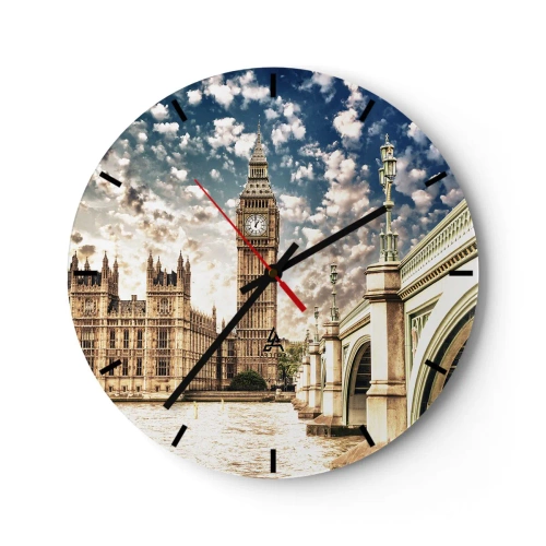 Falióra, Óra - Big Ben és a Temze híd Londonban egy napsütéses napon - 30x30cm - Tollas felhők a Temze felett - Modern fali dekoráció nappalihoz, konyhához és hálószobához ARTTOR