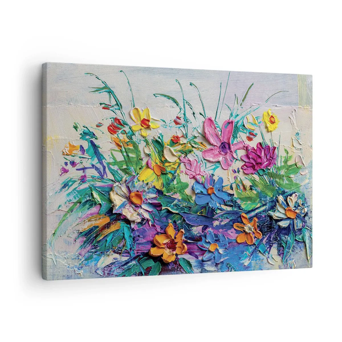 Vászonkép - Egy színes virágcsokor, impasto technikával festve - 70x50cm - Egyáltalán nem csendélet - Modern fali dekoráció nappalihoz és hálószobához ARTTOR