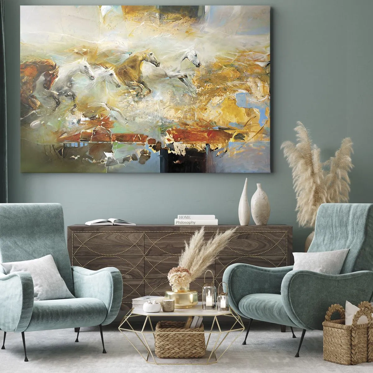 Vászonkép - Művészi lovak dinamikus, színes környezetben - 70x50cm - Vágta a fényen át - Modern fali dekoráció nappalihoz és hálószobához ARTTOR