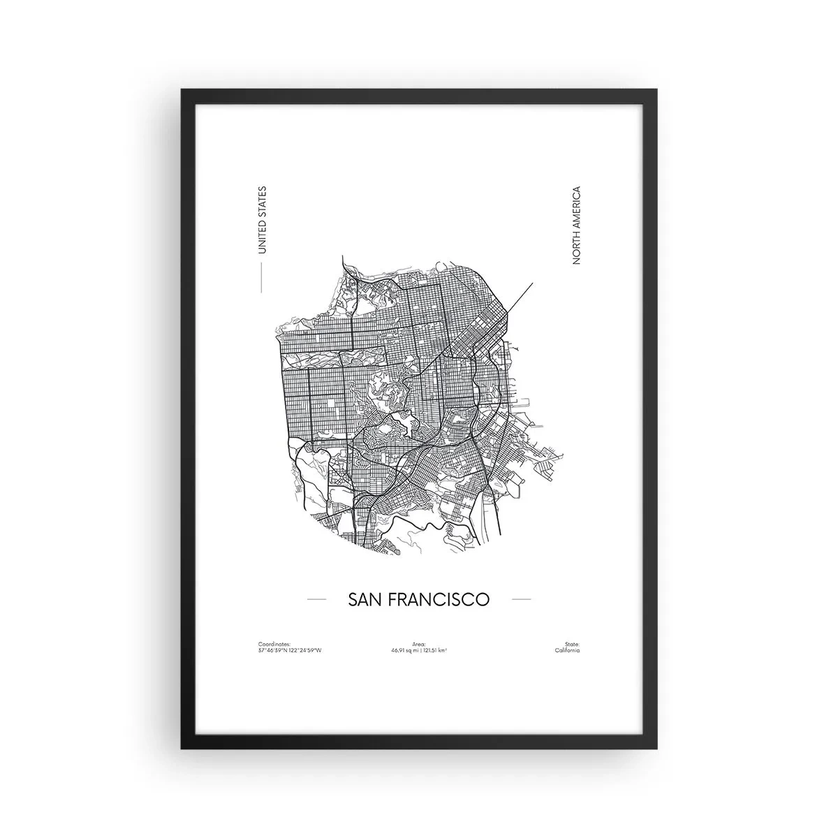 Poszter fehér keretben - San Francisco minimalista térképe fekete-fehérben. - 50x70cm - San Francisco anatómiája - Modern fali dekoráció nappalihoz és hálószobához ARTTOR