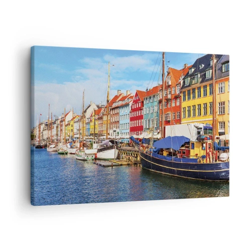 Vászonkép - Színes házak a csatornán, napsütéses hajókkal - 70x50cm - Örömteli rakpart - Modern fali dekoráció nappalihoz és hálószobához ARTTOR