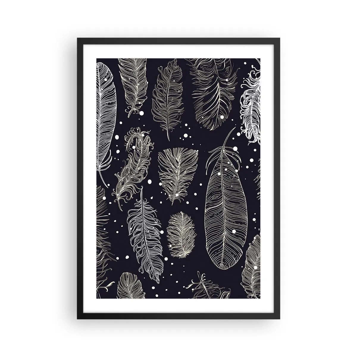 Poszter fehér keretben - Fehér tollak fekete alapon, elegáns elrendezésben - 50x70cm - Tollas csipke - Modern fali dekoráció nappalihoz és hálószobához ARTTOR