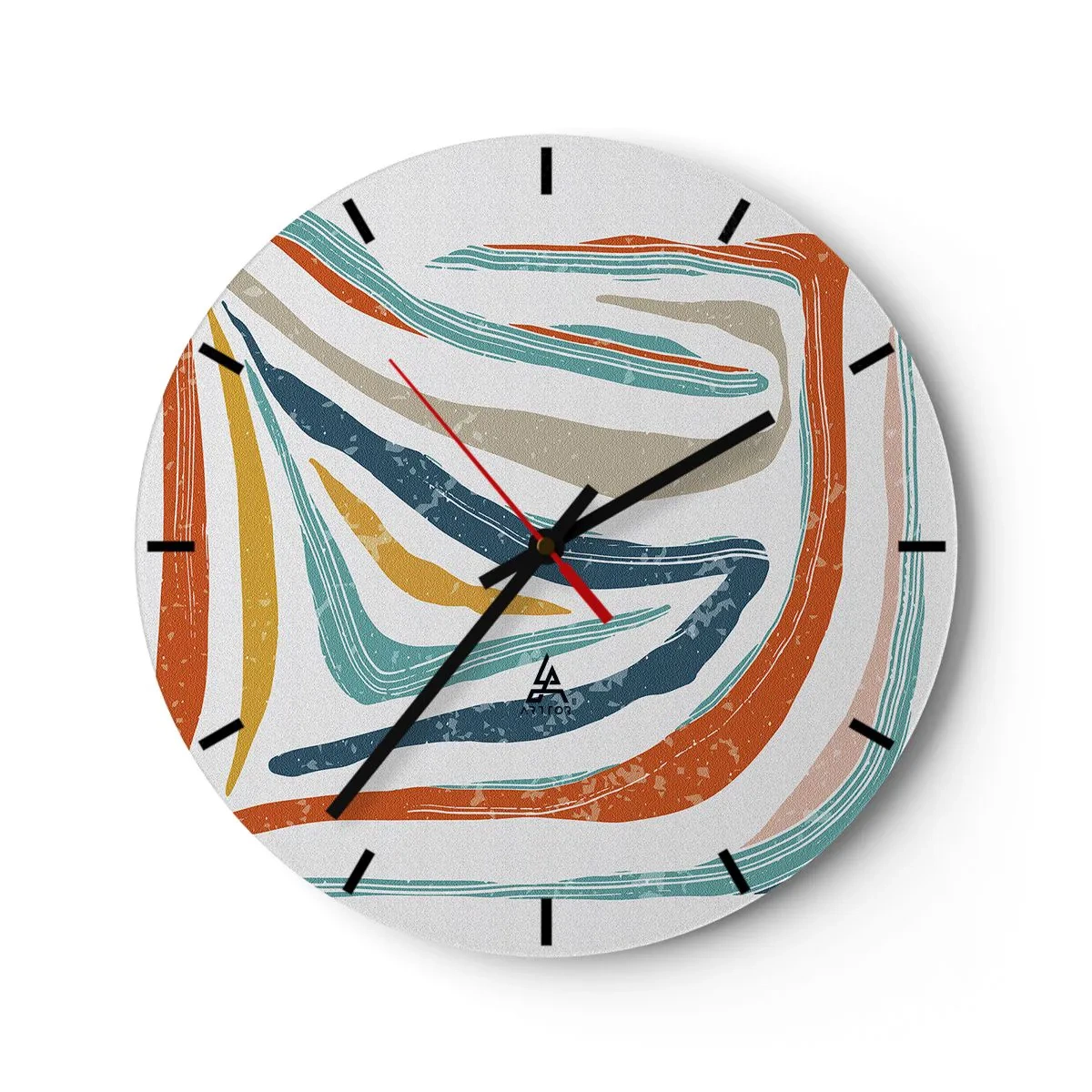 Falióra, Óra - A színes, dinamikus hullámok és vonalak vidám absztrakt mintázatot hoznak létre. - 30x30cm - Barátságosan mosolygó absztrakció - Modern fali dekoráció nappalihoz, konyhához és hálószobához ARTTOR