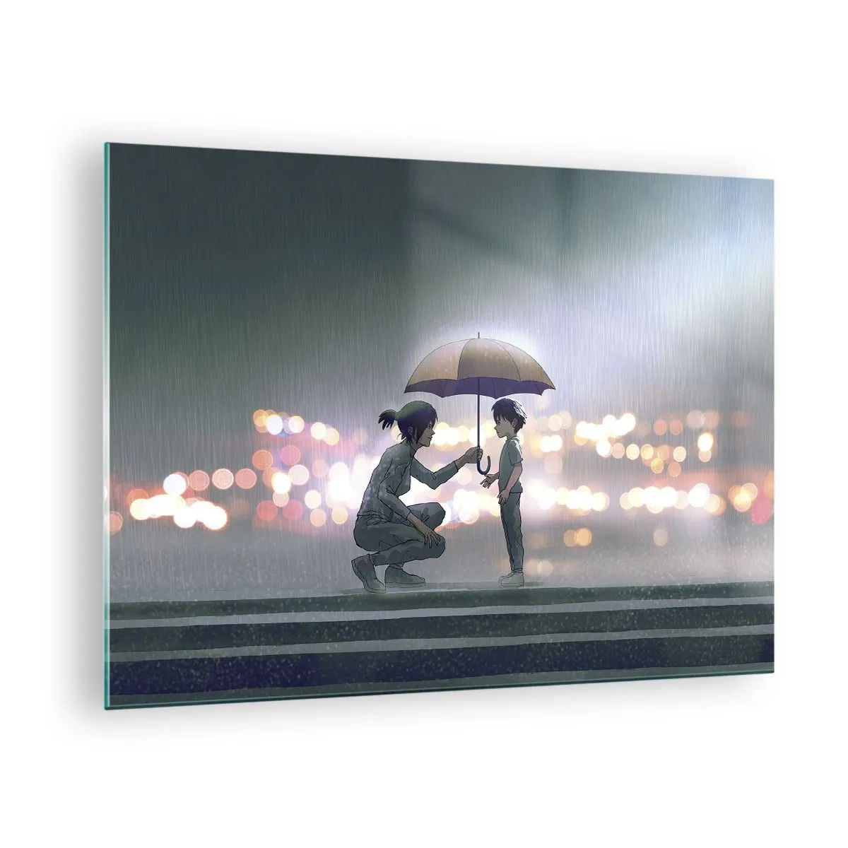 Üveg kép - Alakok az esőben esernyőkkel az éjszakai fények hátterében - 70x50cm - És most minden rendben - Modern fali dekoráció nappalihoz és hálószobához ARTTOR