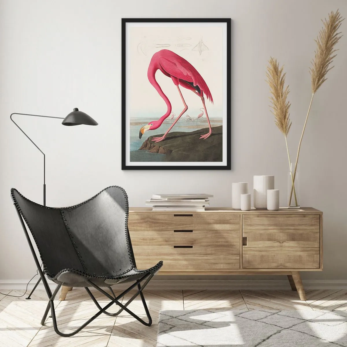 Poszter fehér keretben - Rózsaszín flamingó a természeti táj hátterében - 50x70cm - Csodálatos teremtmény - Modern fali dekoráció nappalihoz és hálószobához ARTTOR