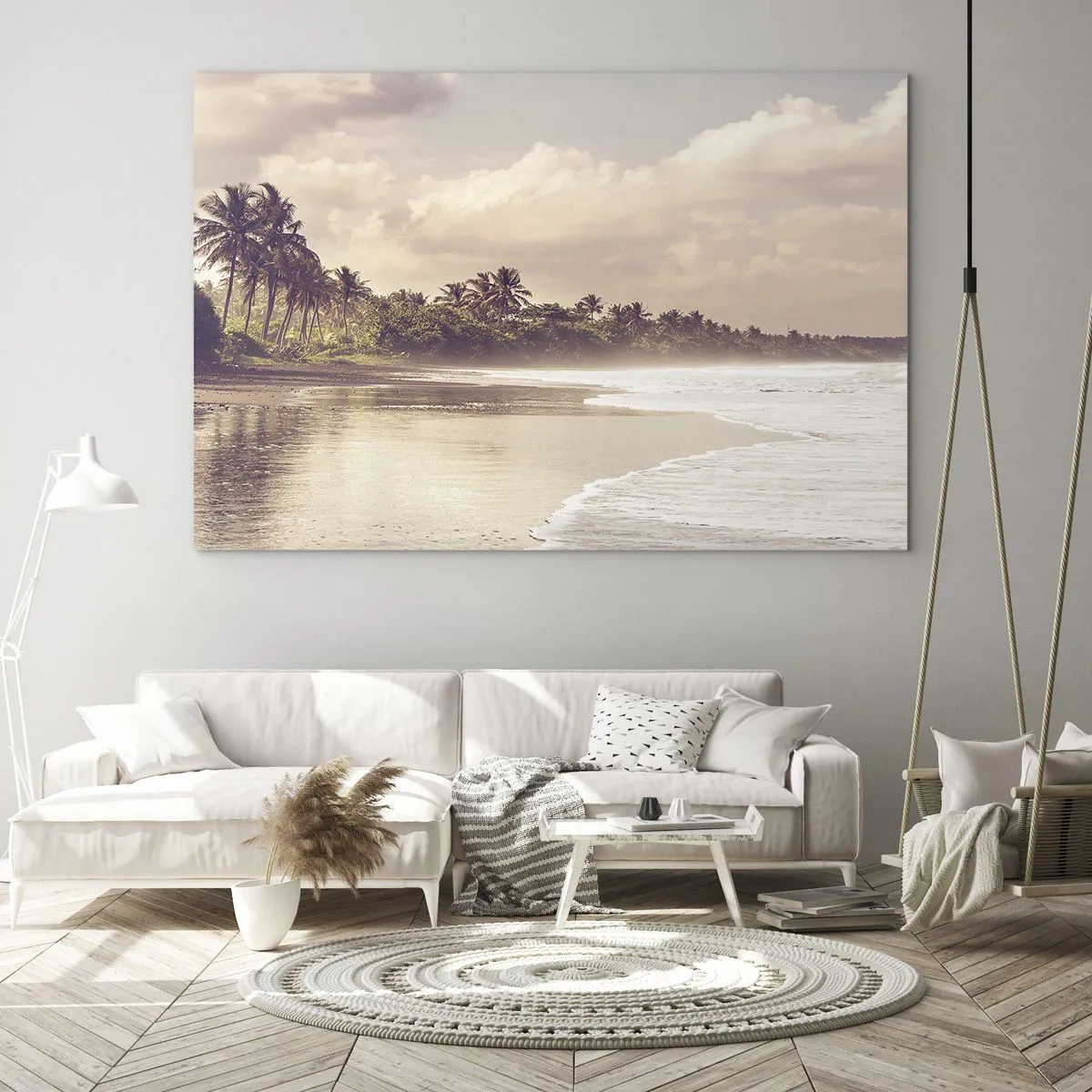 Üveg kép - Aranyló tengerpart pálmafákkal és nyugodt óceánnal a lágy fényben - 70x50cm - A hullámok simogatása - Modern fali dekoráció nappalihoz és hálószobához ARTTOR