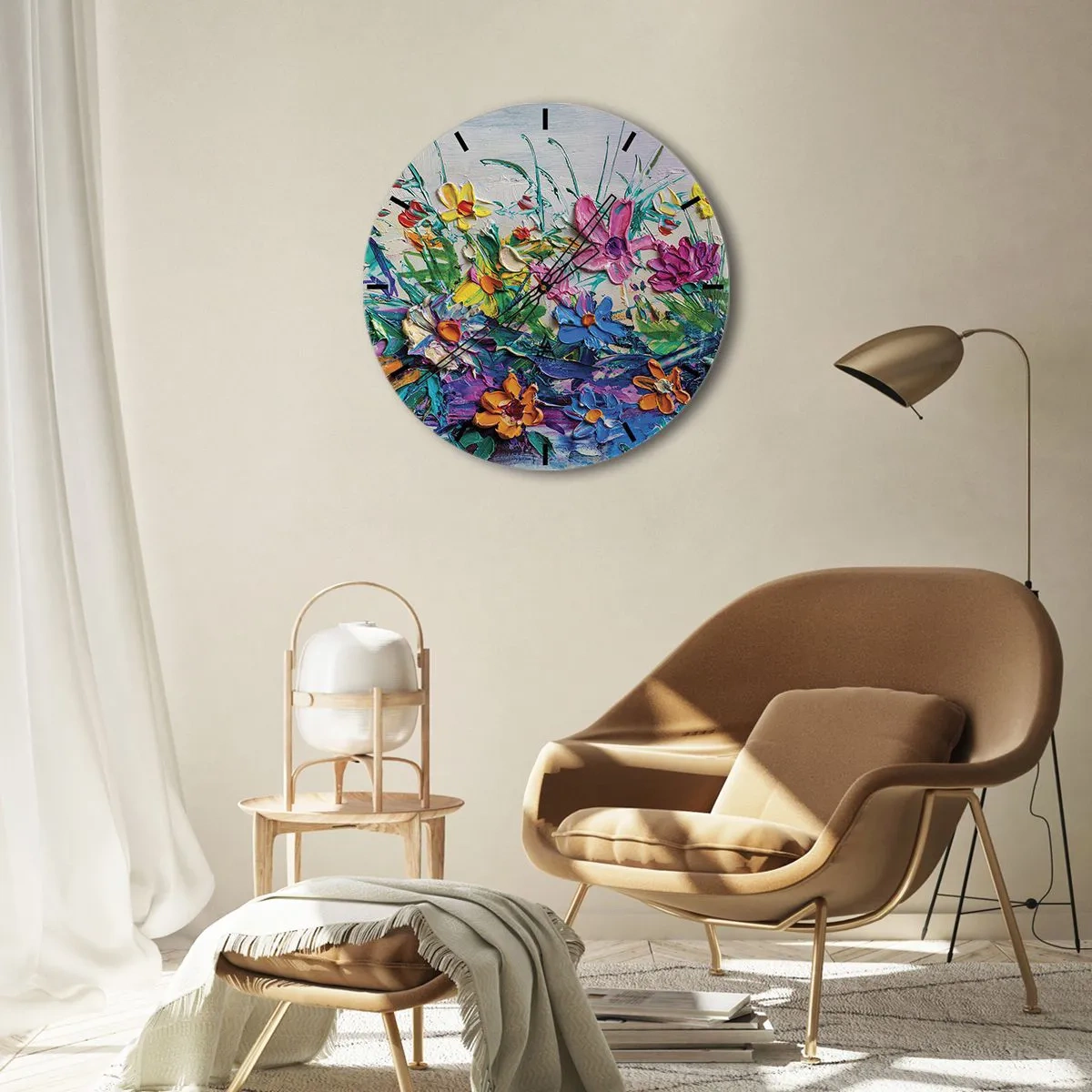 Falióra, Óra - Színes virágos tájkép impasto technikával - 30x30cm - Egyáltalán nem csendélet - Modern fali dekoráció nappalihoz, konyhához és hálószobához ARTTOR