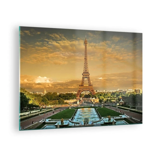 Üveg kép - Az Eiffel-torony naplementekor, párizsi kertek között - 70x50cm - Párizs királynője - Modern fali dekoráció nappalihoz és hálószobához ARTTOR