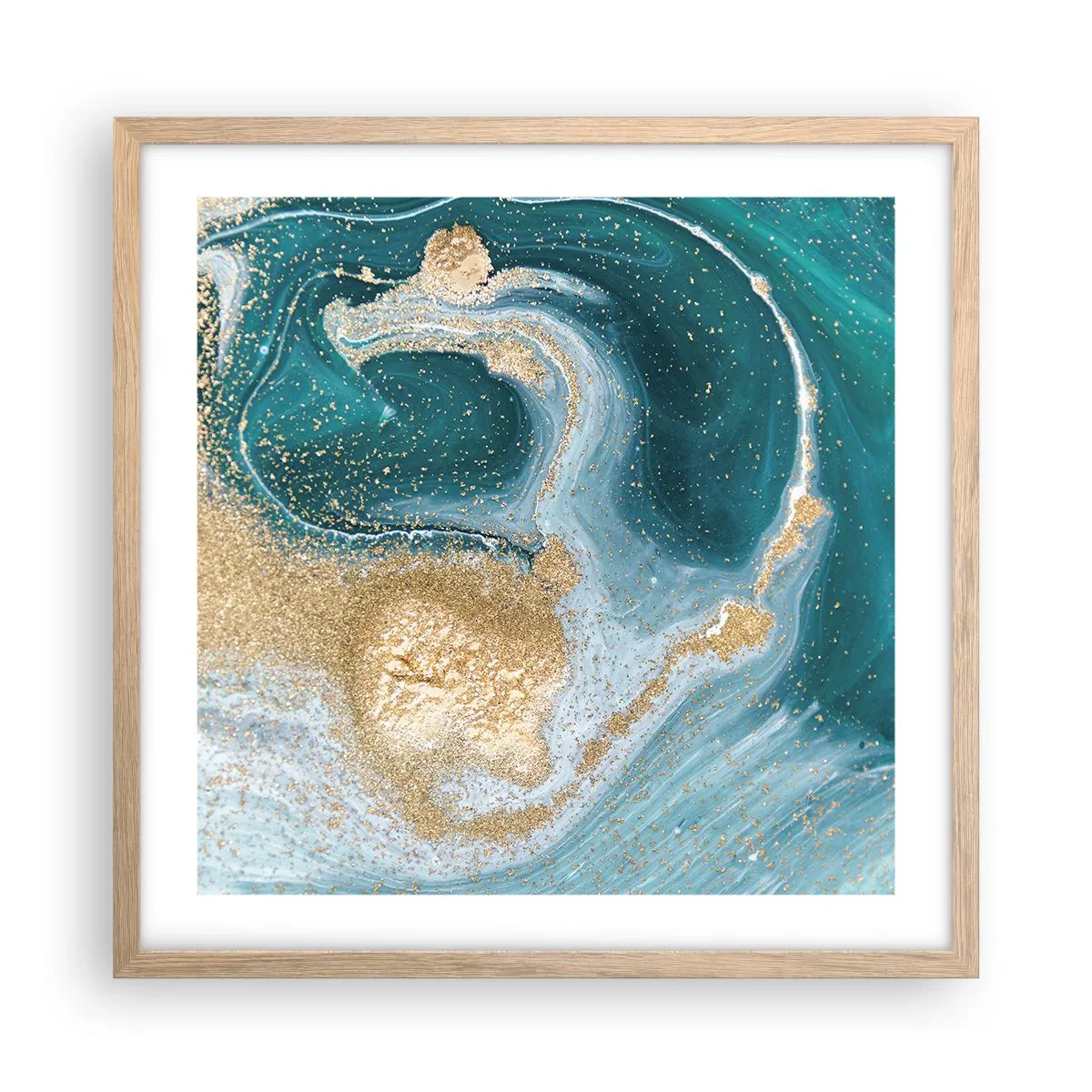 Poszter világos tölgy keretben - Arany és türkiz örvénye - 50x50 cm