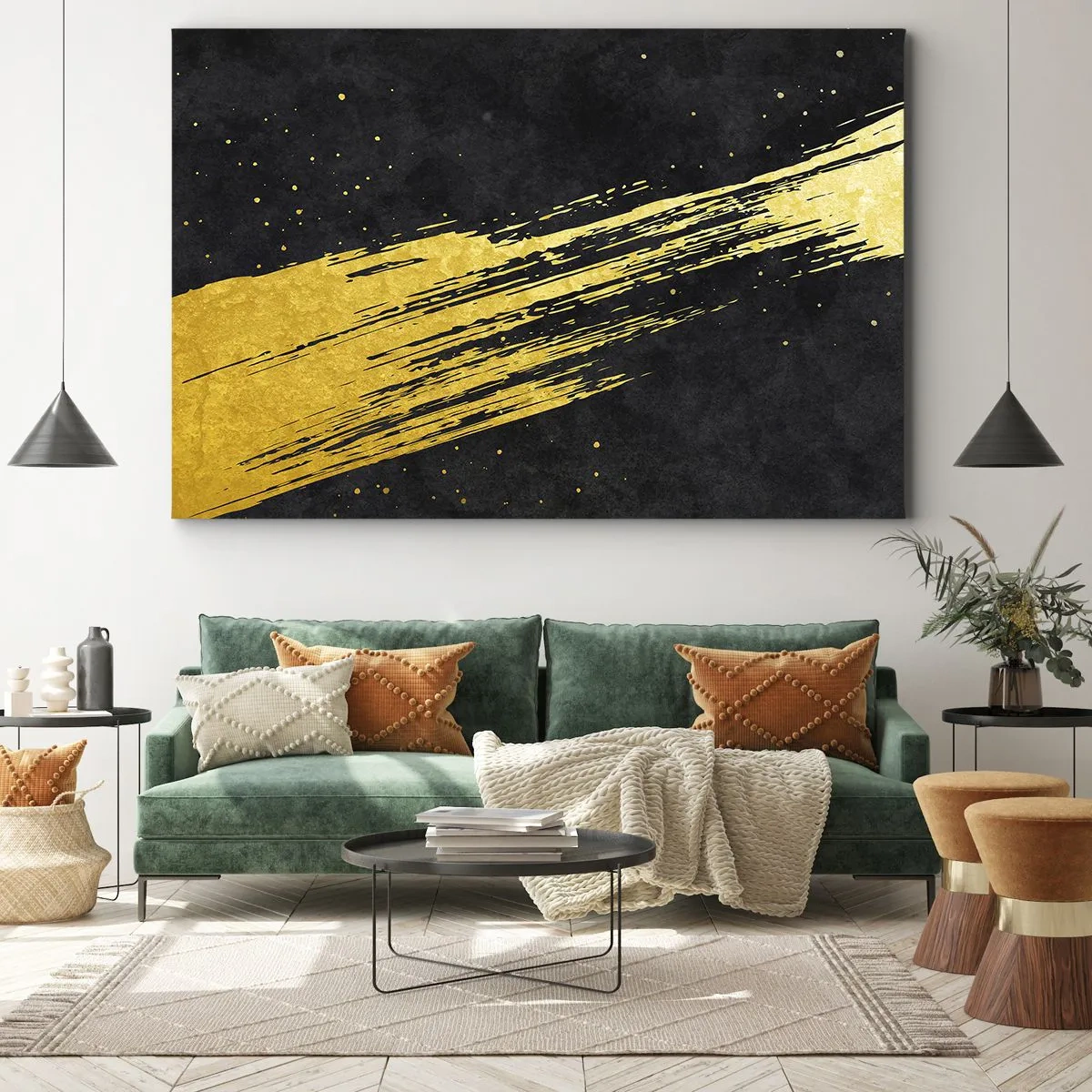Vászonkép - Fekete háttér dinamikus arany ecsetvonásokkal - 70x50cm - Ugrás a hipertérbe - Modern fali dekoráció nappalihoz és hálószobához ARTTOR