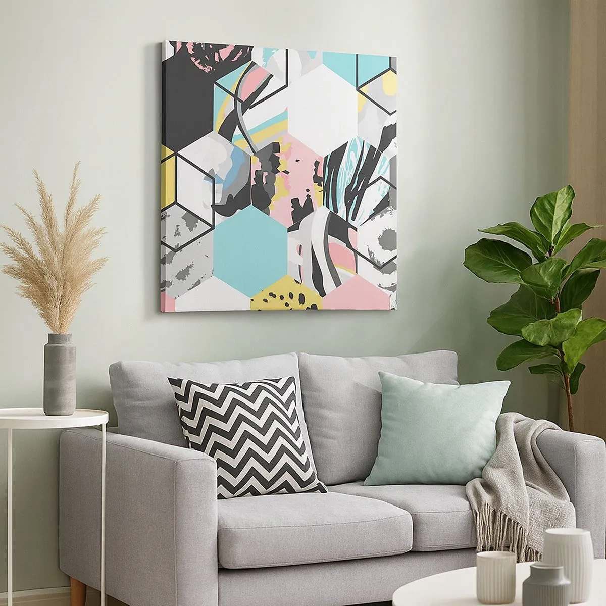 Vászonkép - Hatszögek és kockák hat színben - 30x30 cm