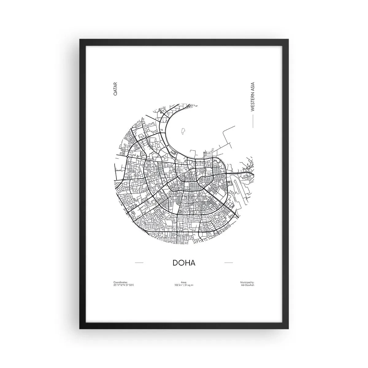 Poszter fehér keretben - Doha minimalista fekete-fehér térképe - 50x70cm - Doha anatómiája - Modern fali dekoráció nappalihoz és hálószobához ARTTOR