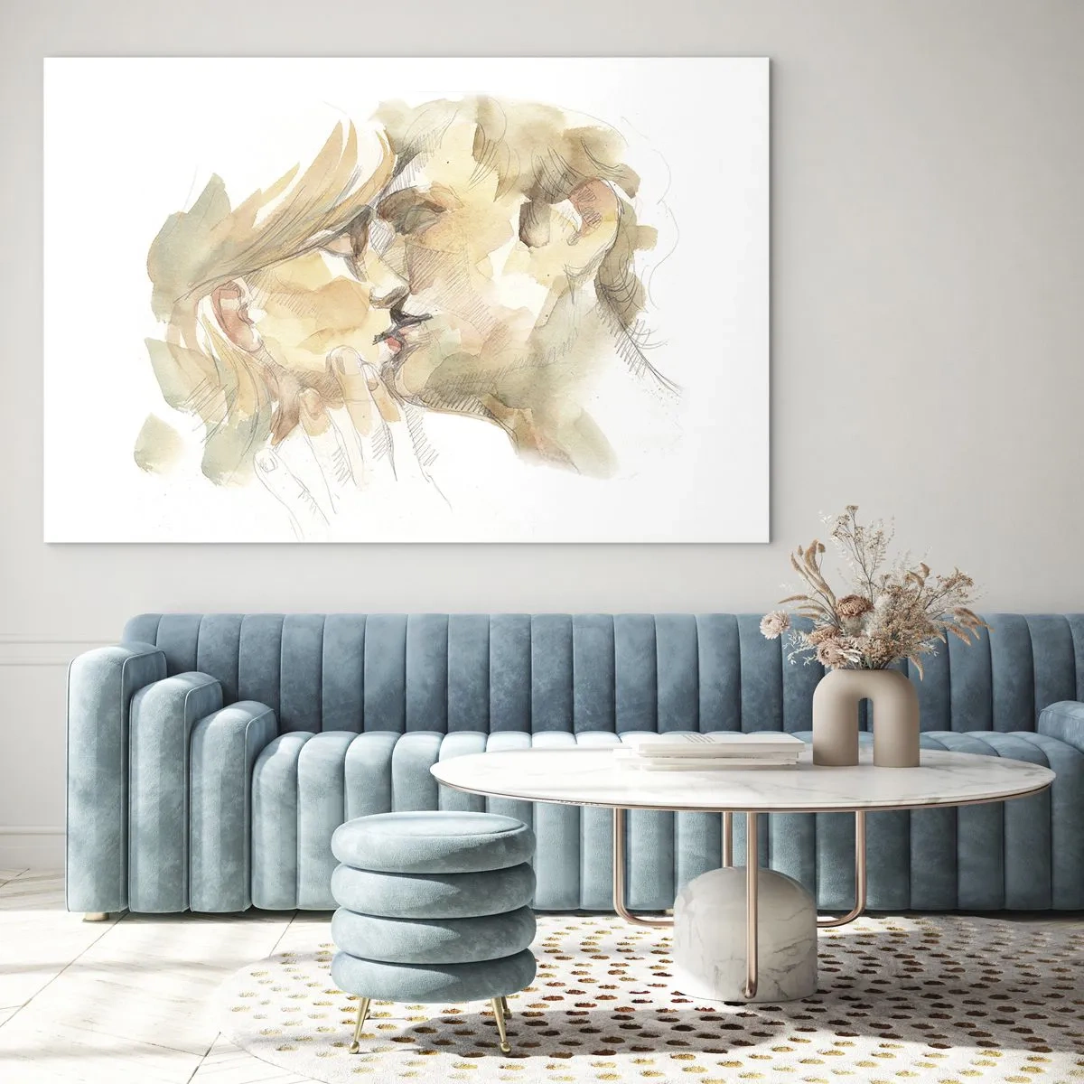 Üveg kép - Romantikus akvarellfestmény egy szerelmesek csókjáról - 70x50cm - Meglelt másik fél? - Modern fali dekoráció nappalihoz és hálószobához ARTTOR