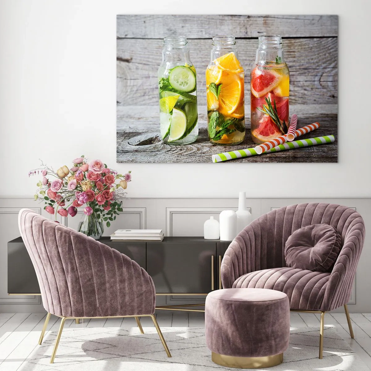 Üveg kép - Üveg gyümölcsvíz és gyógynövények egy fából készült háttéren - 70x50cm - Természeténél fogva egészséges - Modern fali dekoráció nappalihoz és hálószobához ARTTOR