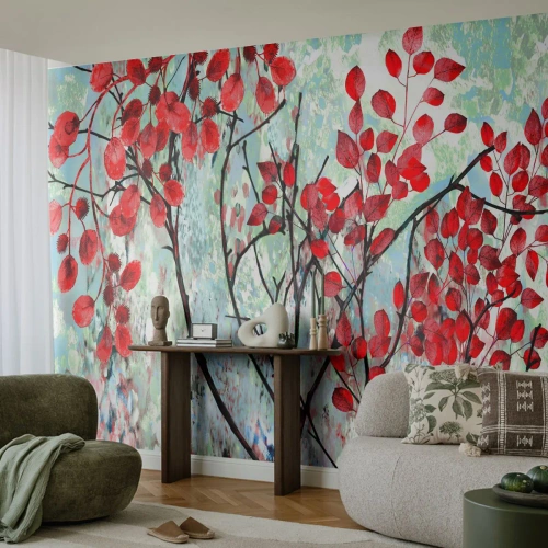 Fotótapéta Premium Canvas - Fa skarlát színben - Absztrakció, Vörös Levelek, Ág - 500x350 cm