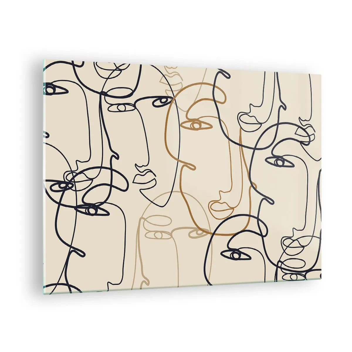 Üveg kép - Bézs alapon egyetlen ecsettel rajzolt kontúros arcok - 70x50cm - Többszörös portré - Modern fali dekoráció nappalihoz és hálószobához ARTTOR