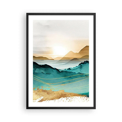 Poszter fehér keretben - Festői hegyi táj türkiz és arany árnyalatokban - 50x70cm - Az absztrakció határán - tájkép - Modern fali dekoráció nappalihoz és hálószobához ARTTOR