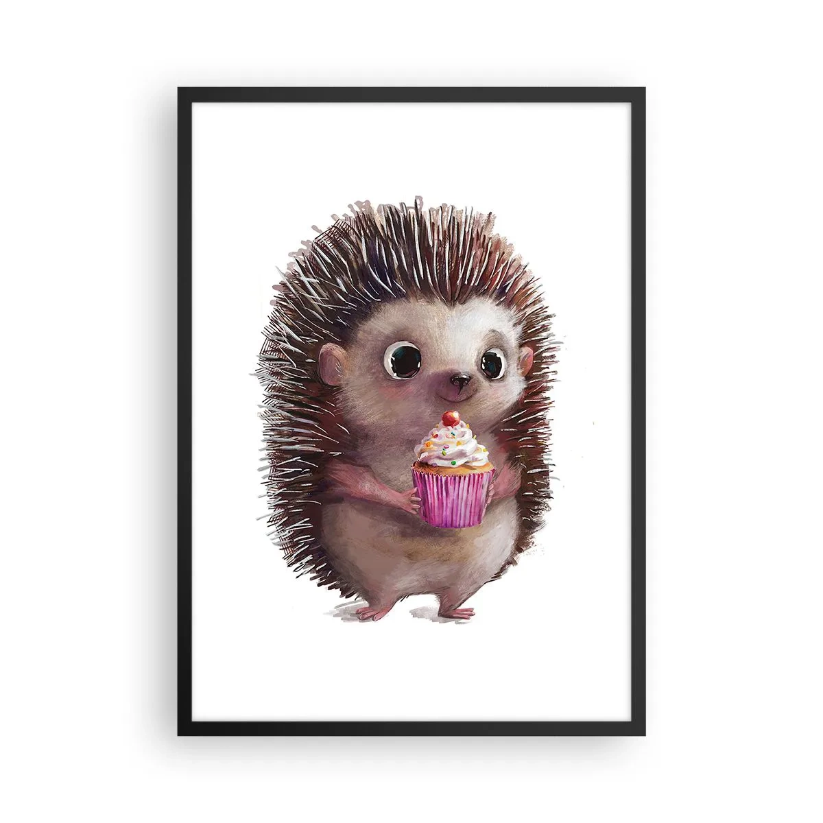 Poszter fehér keretben - Egy aranyos sündisznó tartja a színes cupcake-et - 50x70cm - Ünnep van minden nap - Modern fali dekoráció nappalihoz és hálószobához ARTTOR