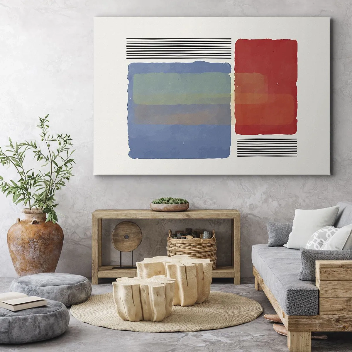 Vászonkép - Geometriai kompozíció színes blokkokkal és vonalakkal - 70x50cm - A geometria szelleme és betűje - Modern fali dekoráció nappalihoz és hálószobához ARTTOR