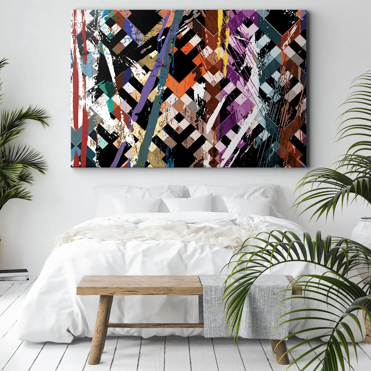 Vászonkép - Absztrakt kompozíció színes vonalakkal fekete háttéren - 70x50cm - A négyzeten - Modern fali dekoráció nappalihoz és hálószobához ARTTOR