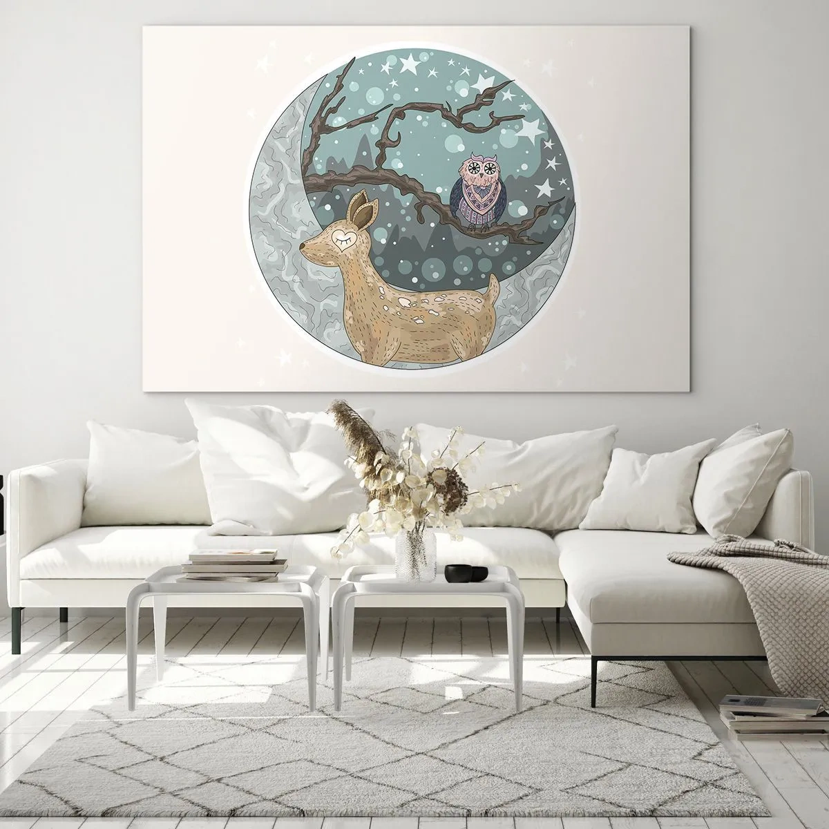 Üveg kép - Szarvas és bagoly illusztrációja varázslatos környezetben - 70x50cm - Mesebeli erdei éjszaka - Modern fali dekoráció nappalihoz és hálószobához ARTTOR