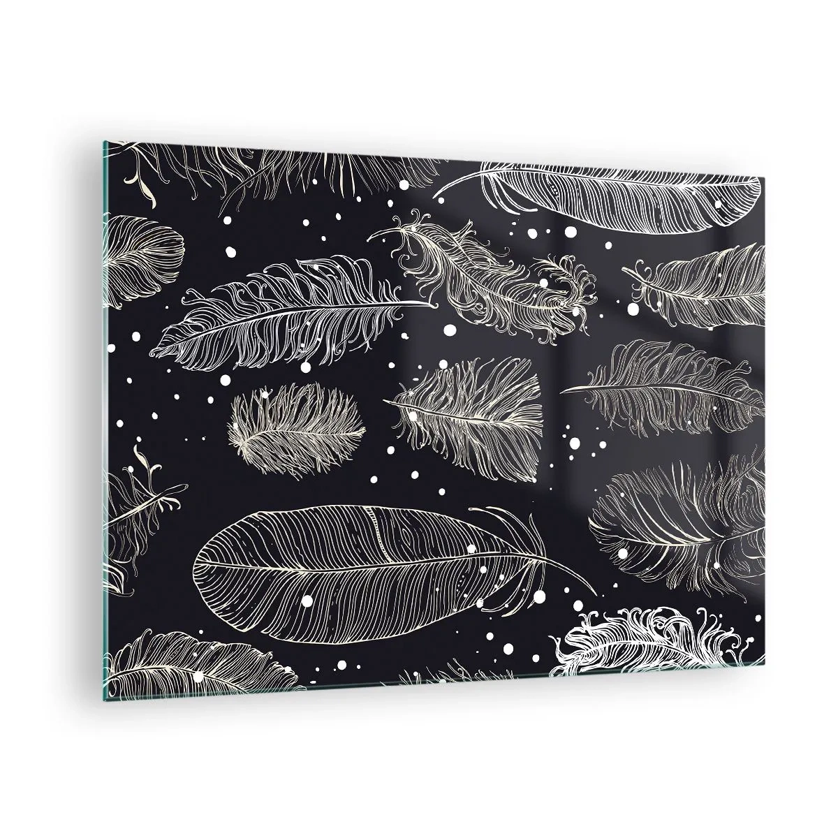 Üveg kép - Fehér tollak fekete alapon, finom részletekkel - 70x50cm - Tollas csipke - Modern fali dekoráció nappalihoz és hálószobához ARTTOR
