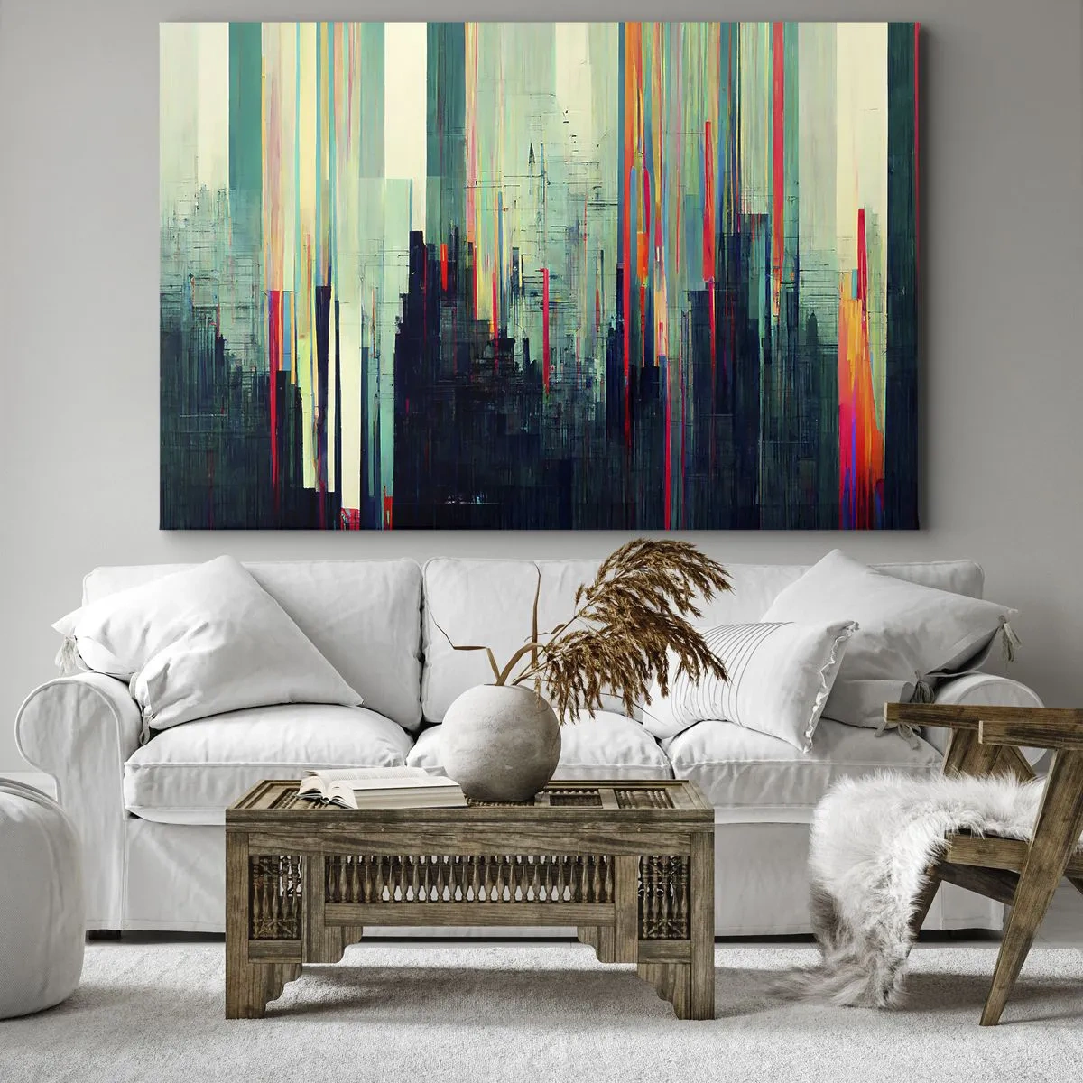 Vászonkép - Absztrakció függőleges vonalakkal és város látképével - 70x50cm - Futurisztikus város - Modern fali dekoráció nappalihoz és hálószobához ARTTOR
