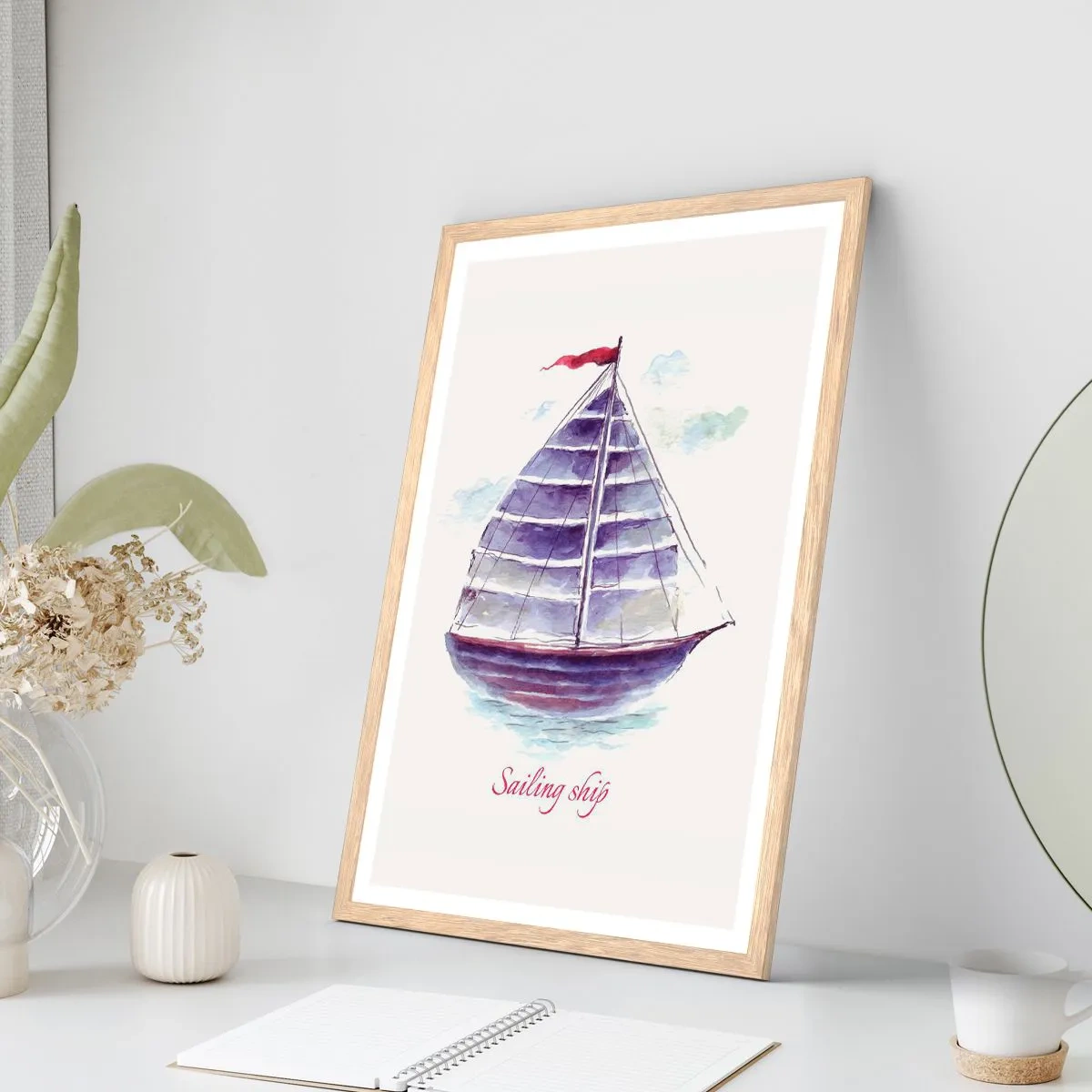 Poszter világos tölgy keretben - Teli vitorlákat és nyugodt vizet - 70x100 cm