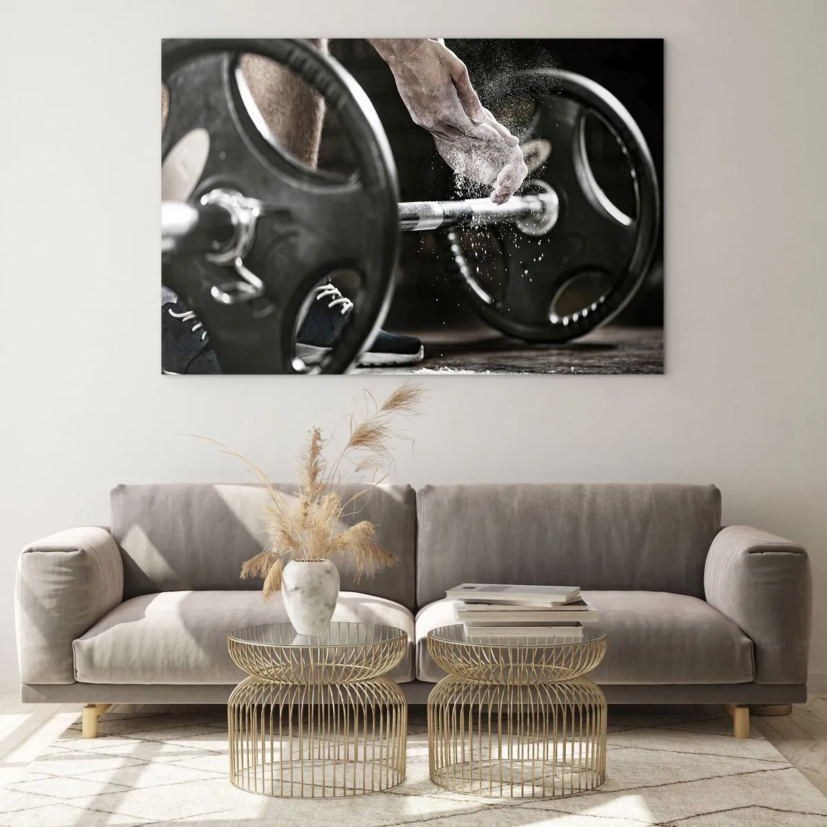 Üveg kép - Súlyemelés krétával a kezeiden és egy súlyzóval - 70x50cm - Kihívás elfogadva! - Modern fali dekoráció nappalihoz és hálószobához ARTTOR
