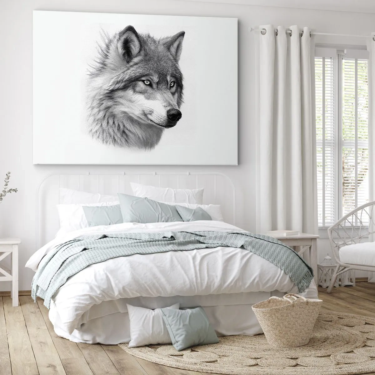 Vászonkép - Egy farkas realisztikus portréja szürke árnyalatokban. - 70x50cm - Alfa - kétségtelenül - Modern fali dekoráció nappalihoz és hálószobához ARTTOR