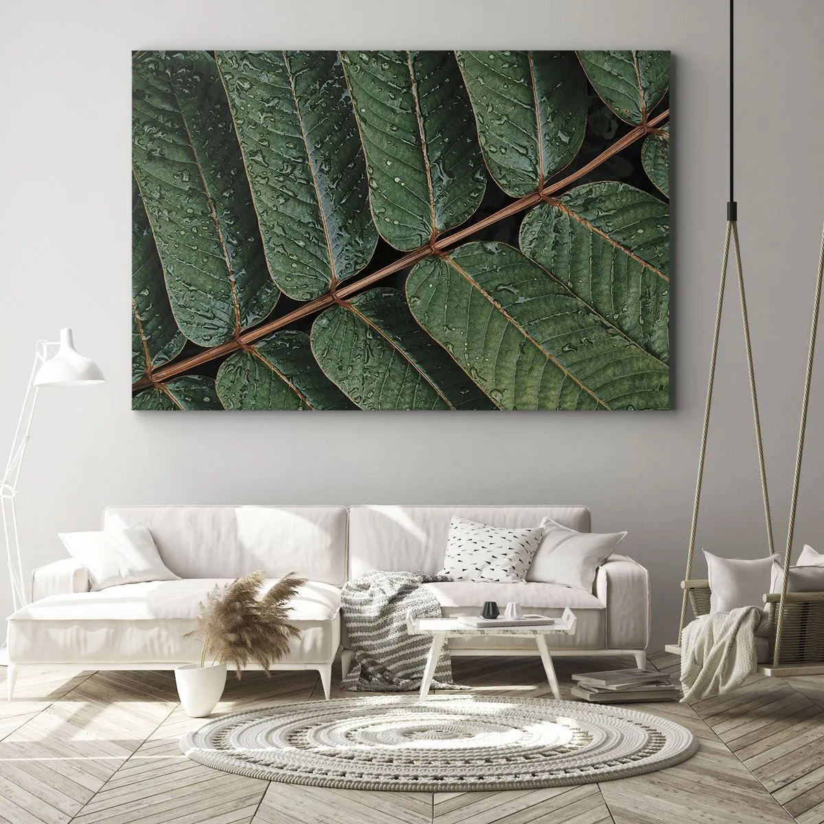 Vászonkép - Makró felvétel zöld levelekről harmatcseppekkel - 70x50cm - Zöld ritmusban - Modern fali dekoráció nappalihoz és hálószobához ARTTOR