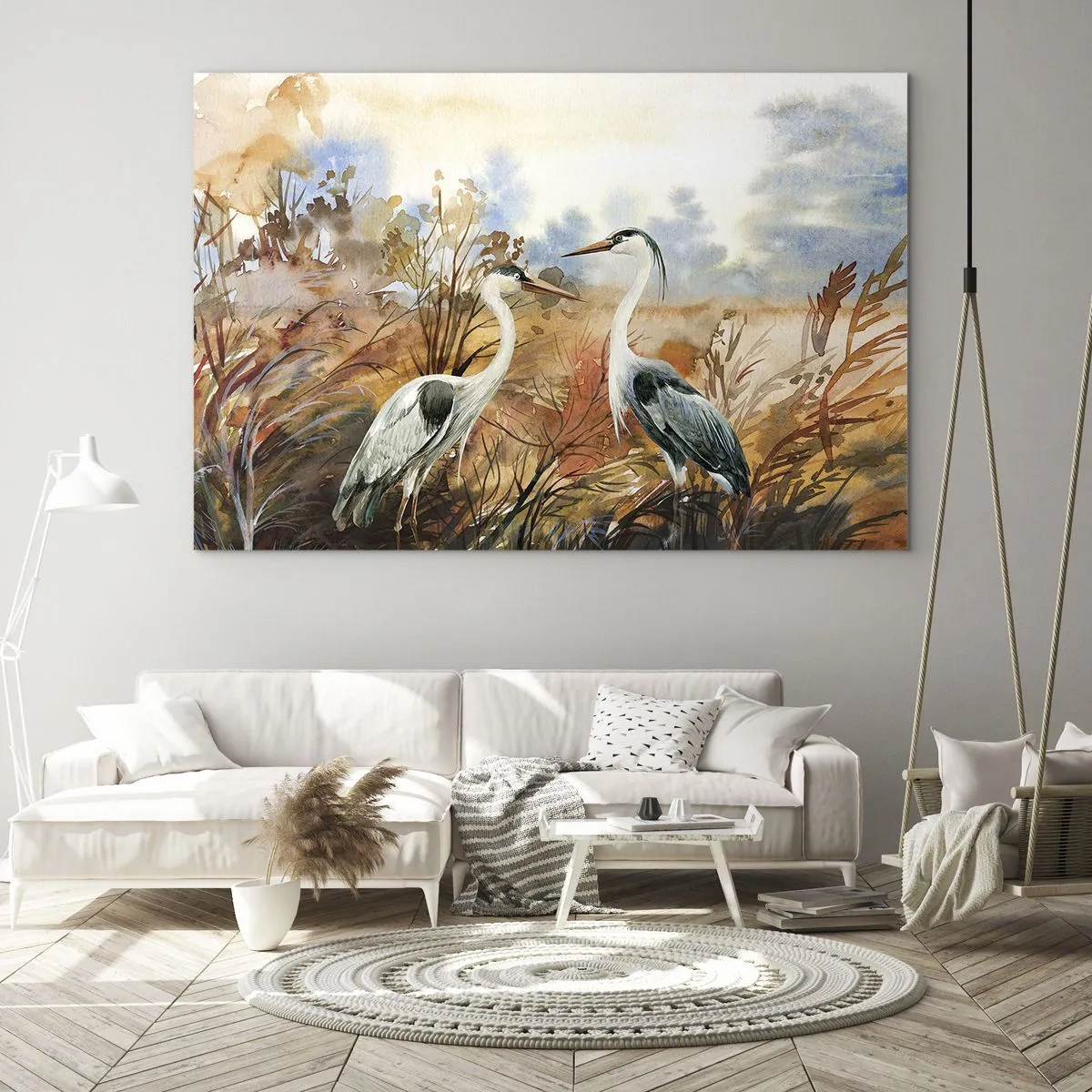 Üveg kép - Két daru egy őszi tájképen, akvarellfestékkel festve - 70x50cm - Hová ősszel? - Modern fali dekoráció nappalihoz és hálószobához ARTTOR
