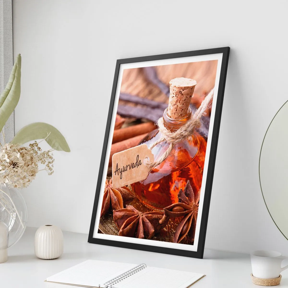 Poszter fehér keretben - Egy üveg ájurvédikus olaj és fűszerek - 50x70cm - A test és a lélek egysége felé - Modern fali dekoráció nappalihoz és hálószobához ARTTOR