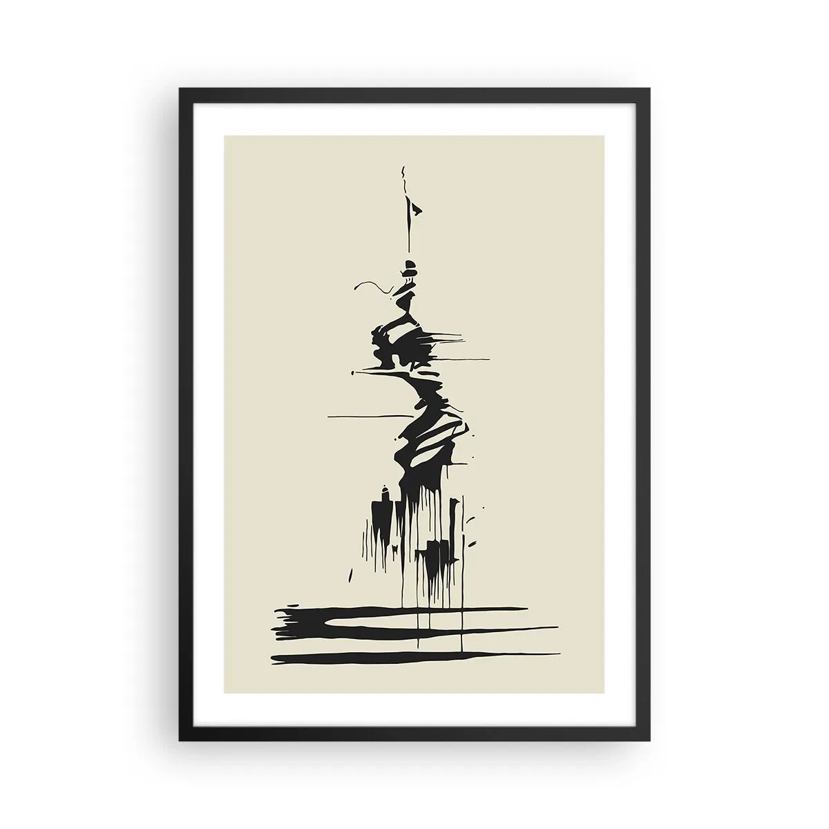 Poszter fehér keretben - Egy alak absztrakt rajza hullámos vonalas háttér előtt. - 50x70cm - Sietős absztrakció - Modern fali dekoráció nappalihoz és hálószobához ARTTOR