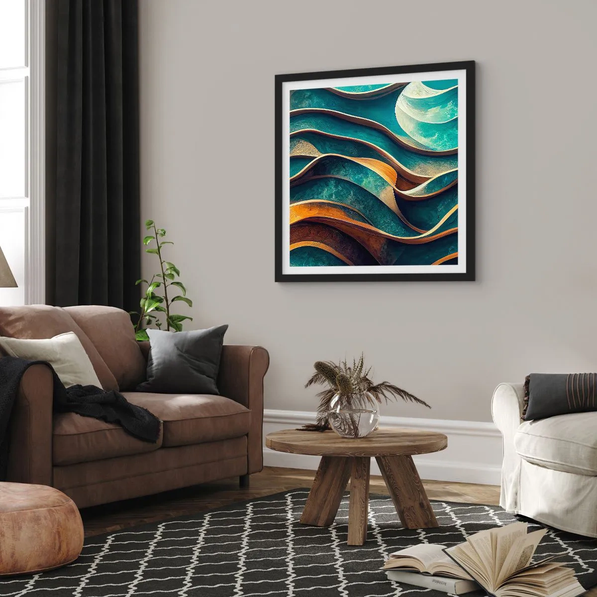 Poszter fehér keretben - Kék kanyarulatok - 60x60 cm