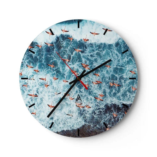 Falióra, Óra - Egy flamingócsapat madártávlatból a tenger hullámai felett - 30x30cm - A tengerparti parádé - Modern fali dekoráció nappalihoz, konyhához és hálószobához ARTTOR