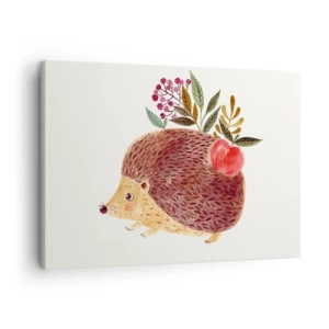 Vászonkép - Egy aranyos sündisznó almával és növényekkel szemléltető stílusban - 70x50cm - És máris kedvelsz engem - Modern fali dekoráció nappalihoz és hálószobához ARTTOR