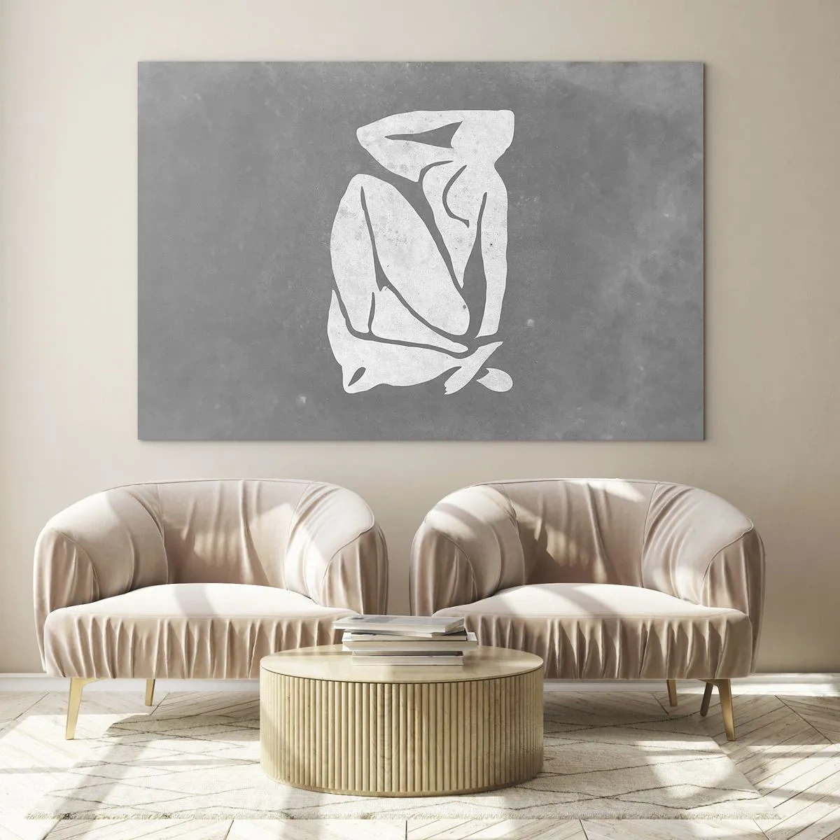 Üveg kép - Egy minimalista nő sziluettje szürke háttéren - 70x50cm - Álmélkodásban - Modern fali dekoráció nappalihoz és hálószobához ARTTOR