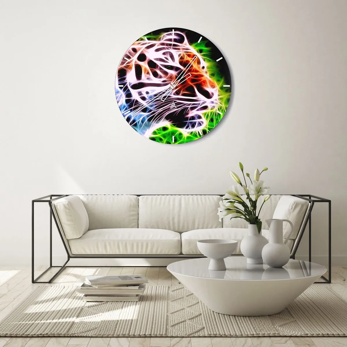 Falióra, Óra - Neon színű tigris művészi sziluettje - 30x30cm - Veszélyes aura - Modern fali dekoráció nappalihoz, konyhához és hálószobához ARTTOR