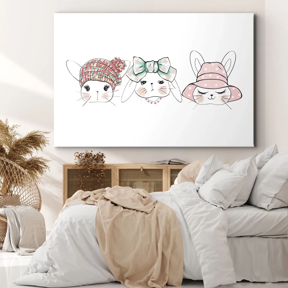 Vászonkép - Imádnivaló nyuszik pasztellszínű fejdíszben - 70x50cm - Töprengő, szomorú, elégedett - Modern fali dekoráció nappalihoz és hálószobához ARTTOR