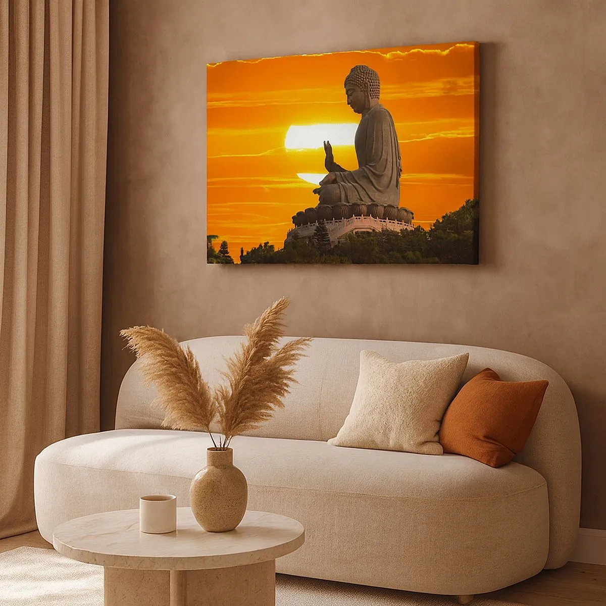 Vászonkép - Egy buddhista szobor narancssárga naplemente hátterében - 70x50cm - Félelem nélkül a világtól - Modern fali dekoráció nappalihoz és hálószobához ARTTOR