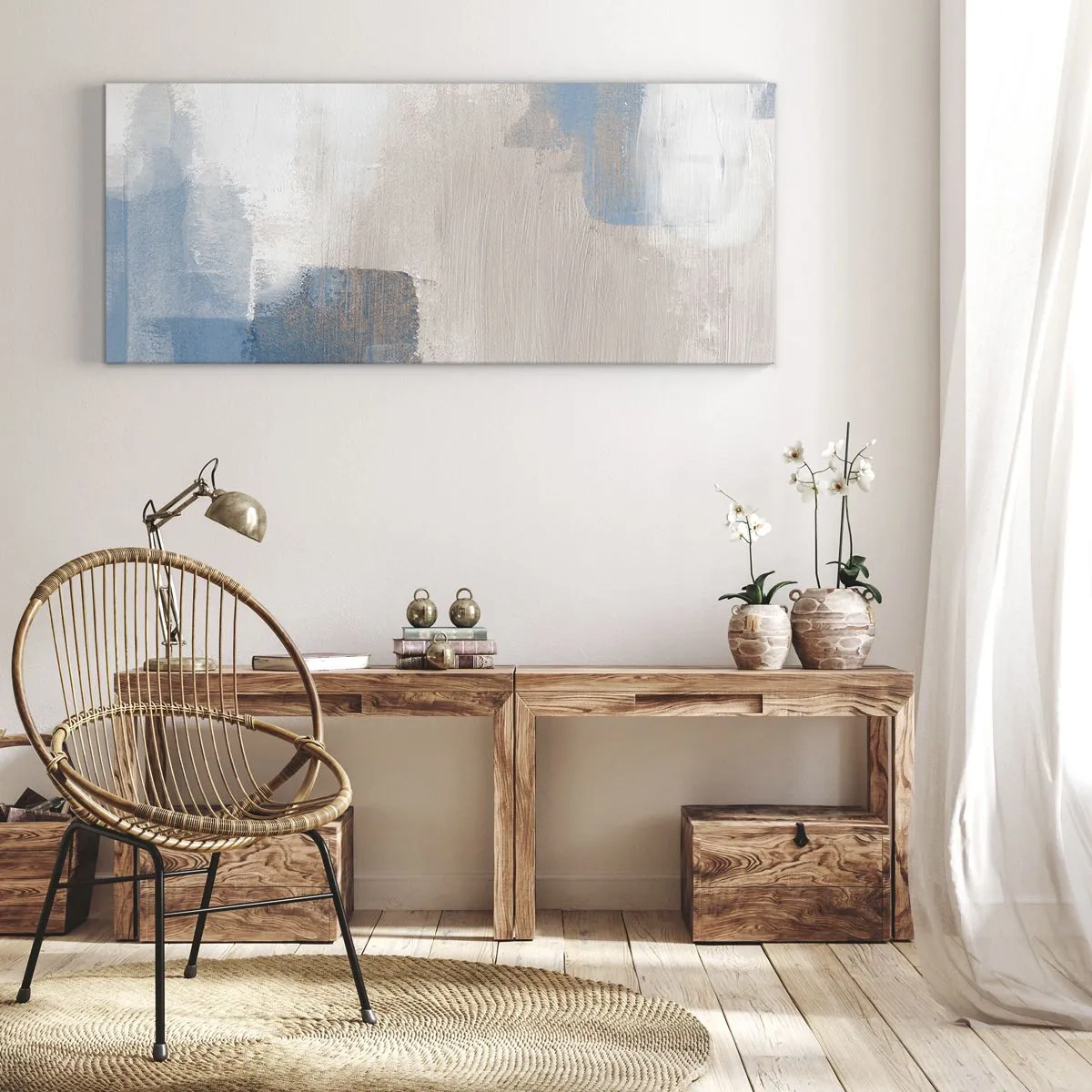 Vászonkép - Rózsaszín absztrakció egy kék fátyol mögött - 140x50 cm